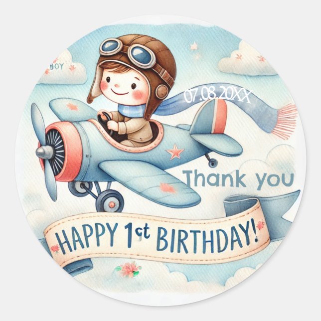Aeroplane Boy 1st Birthday Party  Classic Round Sticker (Front)