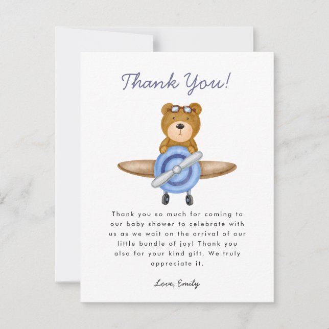  Aeroplane Boy Baby Shower Thank You Card (Front)