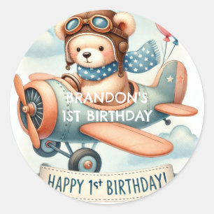 Aeroplane Boy Bear 1st Birthday Party  Classic Round Sticker