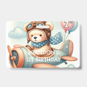 Aeroplane Boy Bear 1st Birthday Party  ID Badge