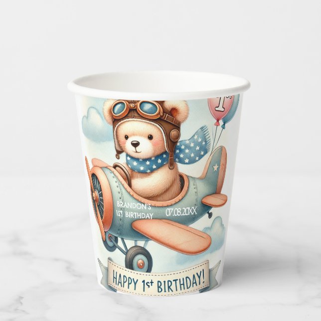 Aeroplane Boy Bear 1st Birthday Party  Paper Cups (Front)