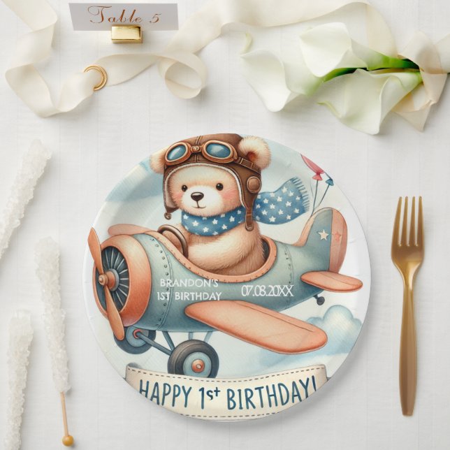 Aeroplane Boy Bear 1st Birthday Party  Paper Plate (Wedding)