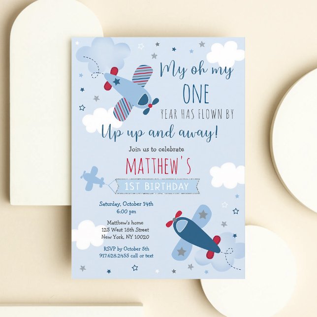 Aeroplane Boy First Birthday Blue Red Invitation (Creator Uploaded)
