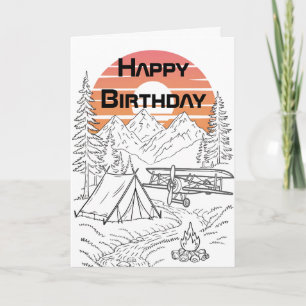 Aeroplane Camping, Mountains, Sunset, Birthday Card