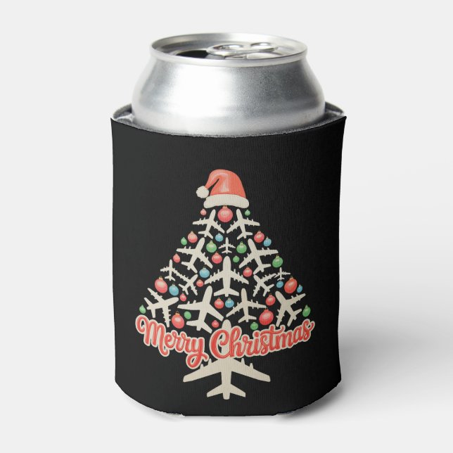 Aeroplane Christmas Tree Pilot Xmas Holiday Family Can Cooler (Can Front)