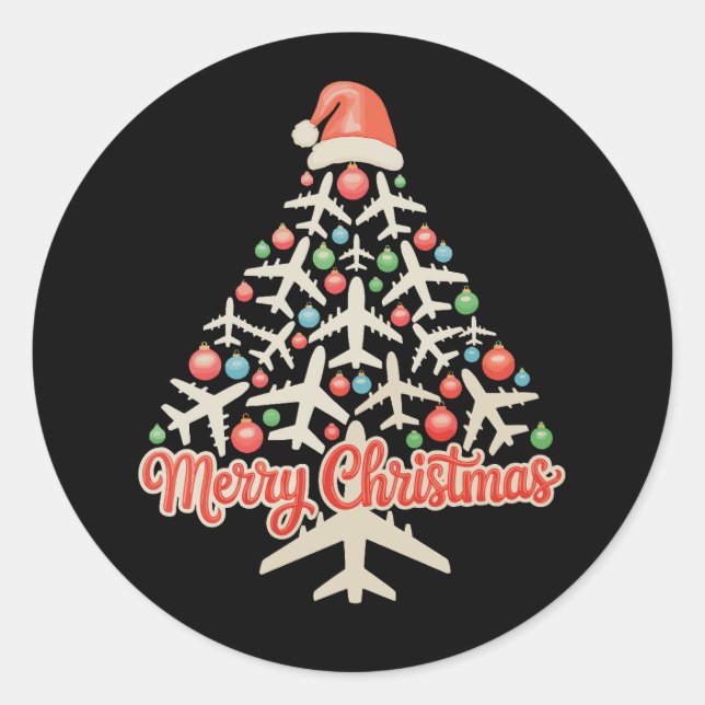 Aeroplane Christmas Tree Pilot Xmas Holiday Family Classic Round Sticker (Front)