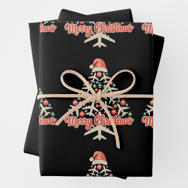 Aeroplane Christmas Tree Pilot Xmas Holiday Family Wrapping Paper Sheet (In situ)