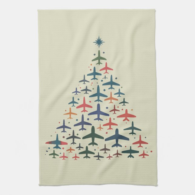 Aeroplane Christmas Tree Retro Pilot Flying Flight Tea Towel (Vertical)