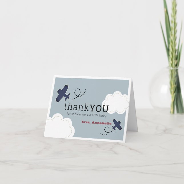 Aeroplane Clouds Blue Sky Boy Baby Shower Thank You Card (Front)