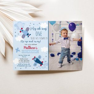 Aeroplane Clouds Boy First Birthday Invitation