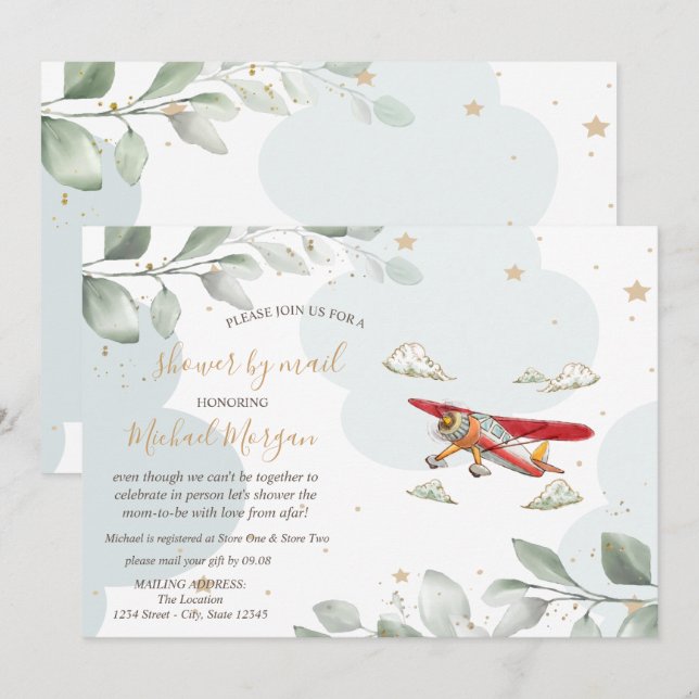 Aeroplane,Clouds,Stars,Baby Shower By Mail Invitation (Front/Back)