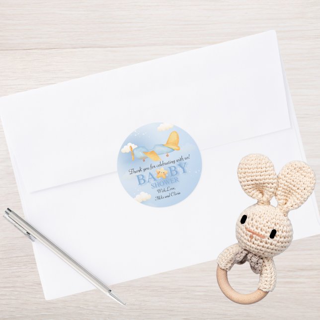 Aeroplane,Clouds & Stars, Blue, Baby Boy,Cute  Classic Round Sticker (Creator Uploaded)