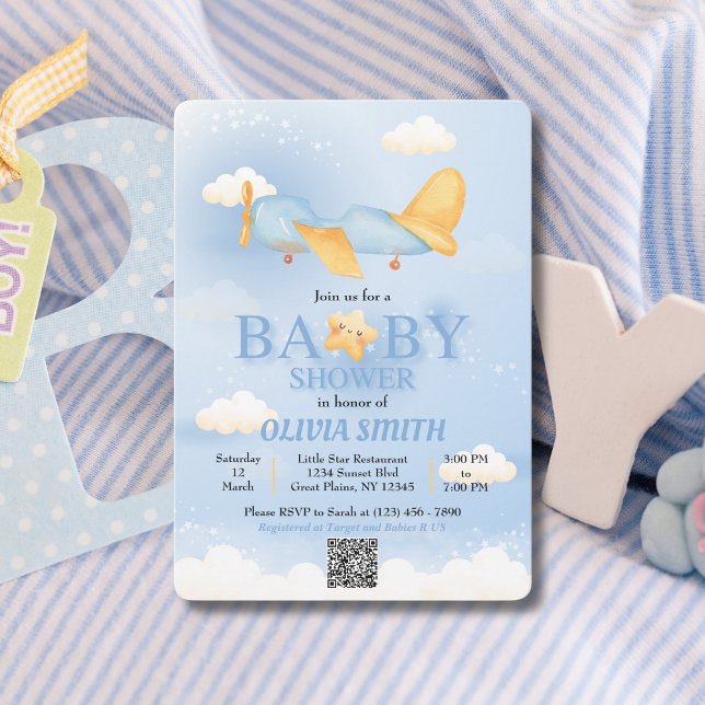 Aeroplane,Clouds & Stars, Blue, Baby Boy,Cute  Invitation (Creator Uploaded)