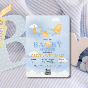 Aeroplane,Clouds & Stars, Blue, Baby Boy,Cute Invitation