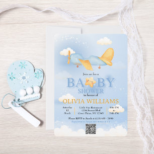 Aeroplane,Clouds & Stars, Blue, Baby Boy,Cute  Invitation