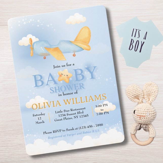 Aeroplane,Clouds & Stars, Blue, Baby Boy,Cute  Invitation (Creator Uploaded)
