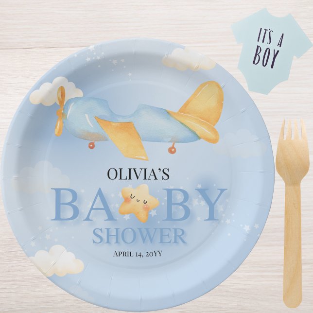 Aeroplane,Clouds & Stars, Blue, Baby Boy,Cute  Paper Plate (Creator Uploaded)