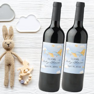 Aeroplane,Clouds & Stars, Blue, Baby Boy,Cute  Wine Label