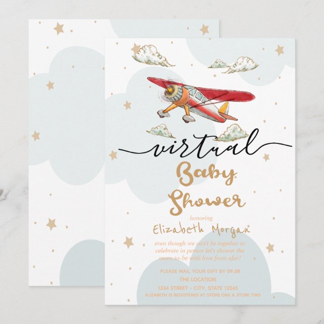 Aeroplane,Clouds Stars Virtual Baby Shower Invitation (Front/Back)