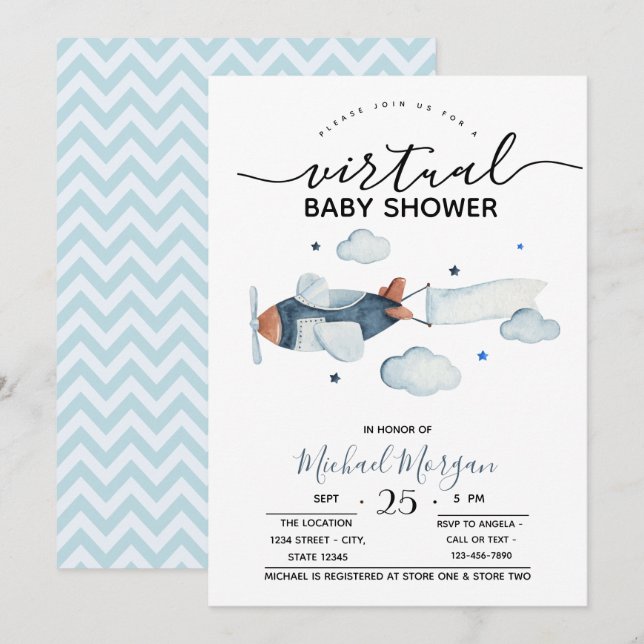 Aeroplane Clouds Zigzag Virtual Baby Shower Invitation (Front/Back)