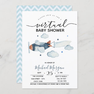 Aeroplane Clouds Zigzag Virtual Baby Shower Invitation