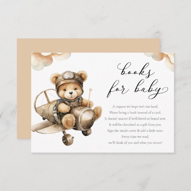 Aeroplane cute teddy bear books for baby shower enclosure card (Front/Back)