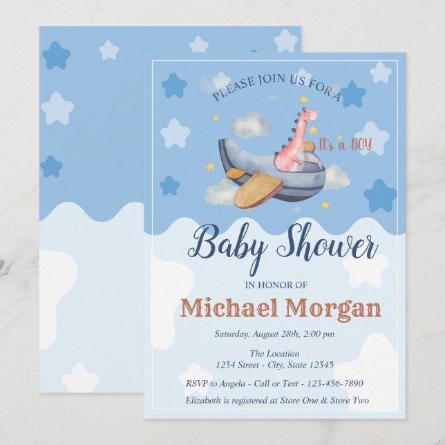 Aeroplane Dino Clouds It's a BOY Baby Shower  Invitation (Front/Back)
