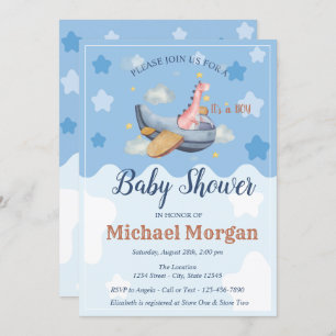 Aeroplane Dino Clouds It's a BOY Baby Shower Invitation