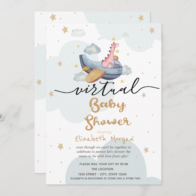Aeroplane Dino Clouds Stars Virtual Baby Shower Invitation (Front/Back)