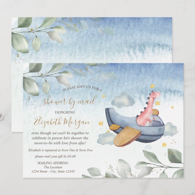 Aeroplane Dino Virtual Baby Shower By Mail  Invitation (Front/Back)