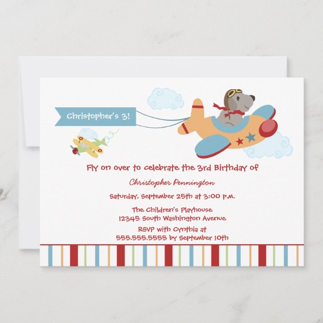 Aeroplane dog pilot boy's birthday party invitatio invitation (Front)