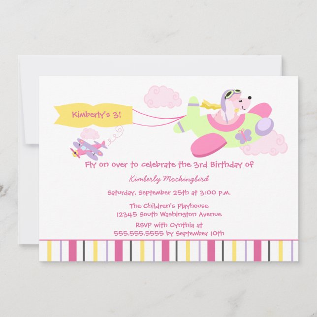 Aeroplane dog pilot girls birthday party invitatio invitation (Front)