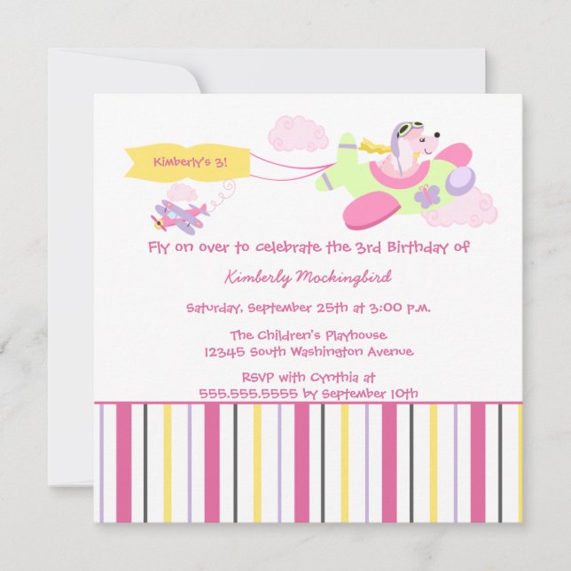 Aeroplane dog pilot girls birthday party invitatio invitation (Front)