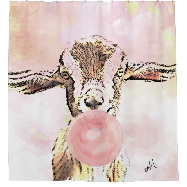 Aeroplane Ears Goat Blows Bubbles with Bubblegum Shower Curtain (Front)