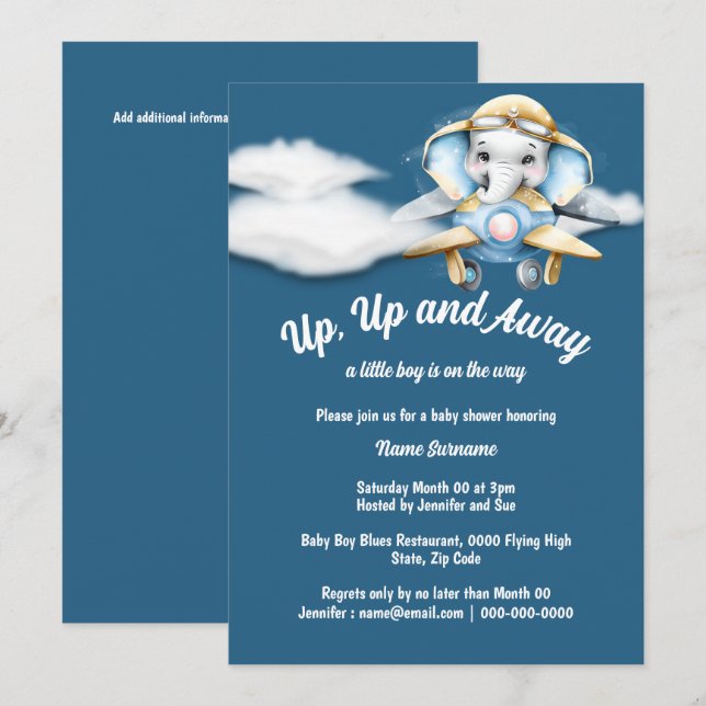 Aeroplane elephant baby shower blue pilot plane invitation (Front/Back)