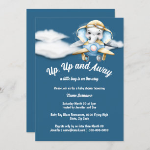 Aeroplane elephant baby shower blue pilot plane invitation