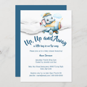 Aeroplane elephant baby shower boys blue safari  invitation