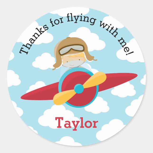 Aeroplane Favour Stickers Blonde Pilot Boy (Front)