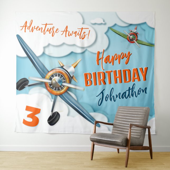 Aeroplane Fighter Pilot Boy Birthday Backdrop Tapestry (In Situ (Horizontal))