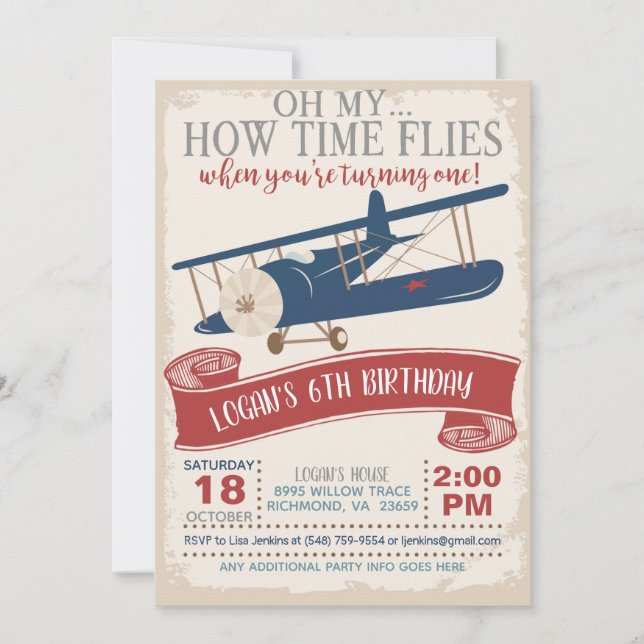 Aeroplane First Birthday Invitation Boy (Front)