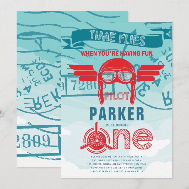 Aeroplane First Birthday Party Invitation (Front/Back)