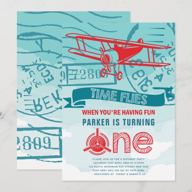 Aeroplane First Birthday Party Invitation (Front/Back)