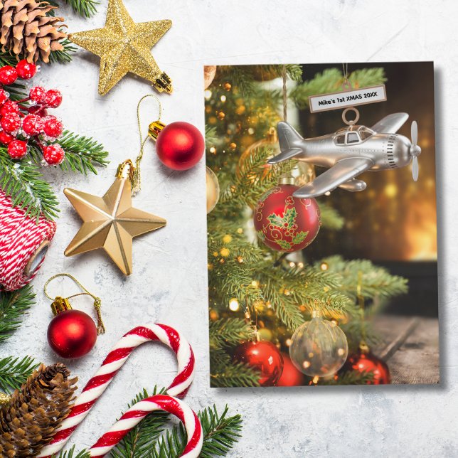 Aeroplane First Christmas Baby Photo Modern Custom Card (Front )