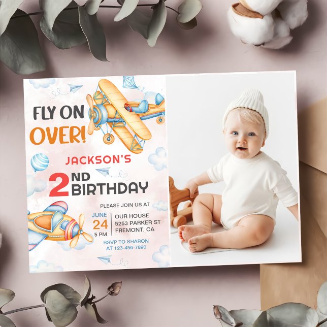 Aeroplane Fly On Over 2nd Birthday Party Photo Invitation (Creator Uploaded)