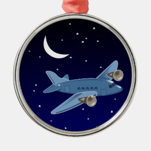 Aeroplane flying at night with moon & stars. Pilot Metal Tree Decoration