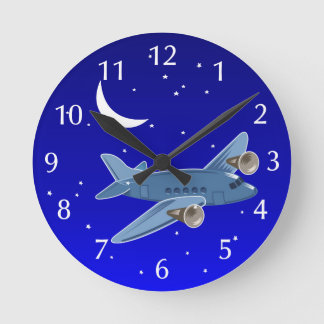 Aeroplane flying at night with moon & stars. Pilot Round Clock