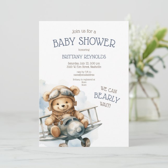 Aeroplane Flying Bear Blue Baby Shower Invitation (Standing Front)