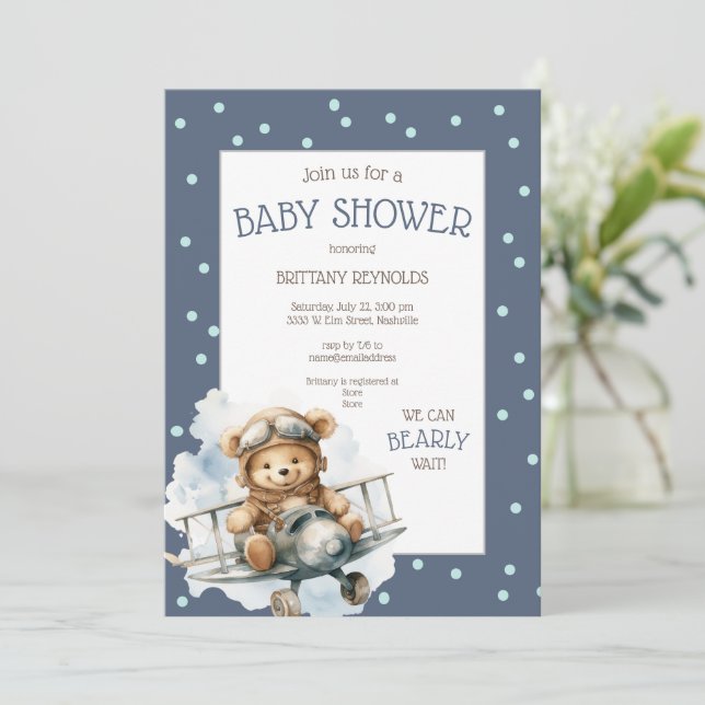 Aeroplane Flying Blue Bear Baby Shower Invitation (Standing Front)
