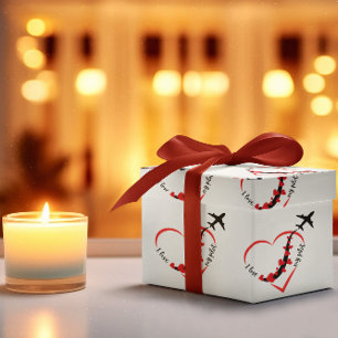 Aeroplane Flying Heart ILove My Pilot Fun Birthday Wrapping Paper