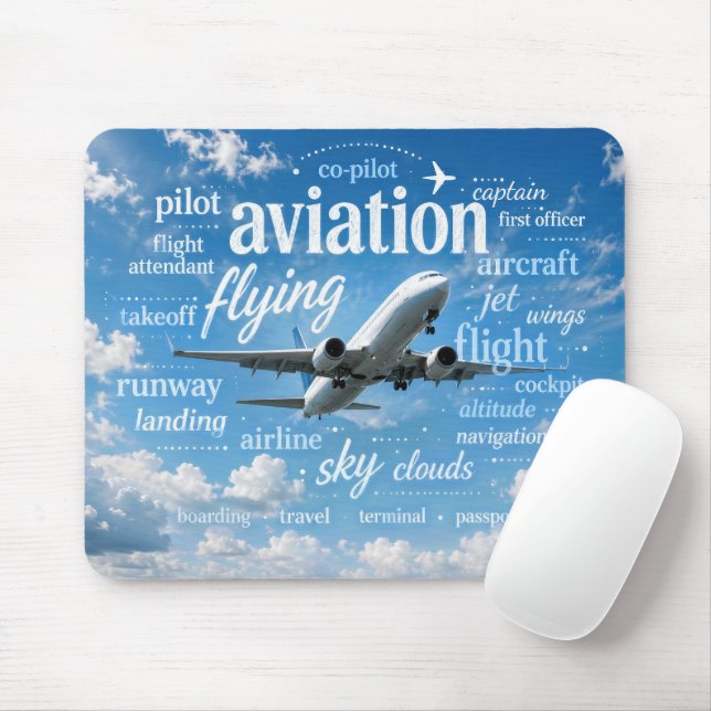 Aeroplane Flying in a Word Cloud Mouse Mat (With Mouse)
